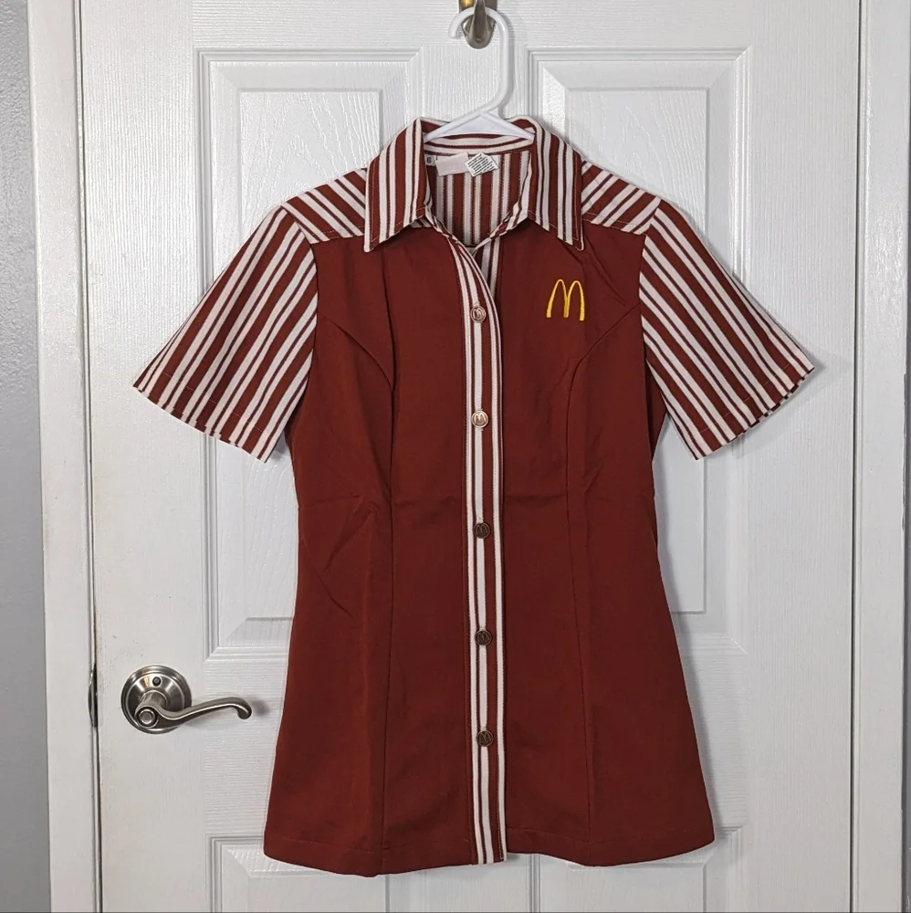 Rare Vintage 70s McDonald's Deadstock Button Down Rust Uniform Top in Packaging - Picture 1 of 9